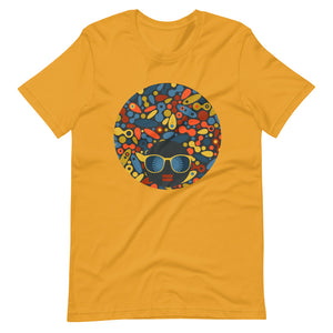 Mustard color t shirt with colorful design of a black women with geometric shapes and cool glasses "Be Bold"