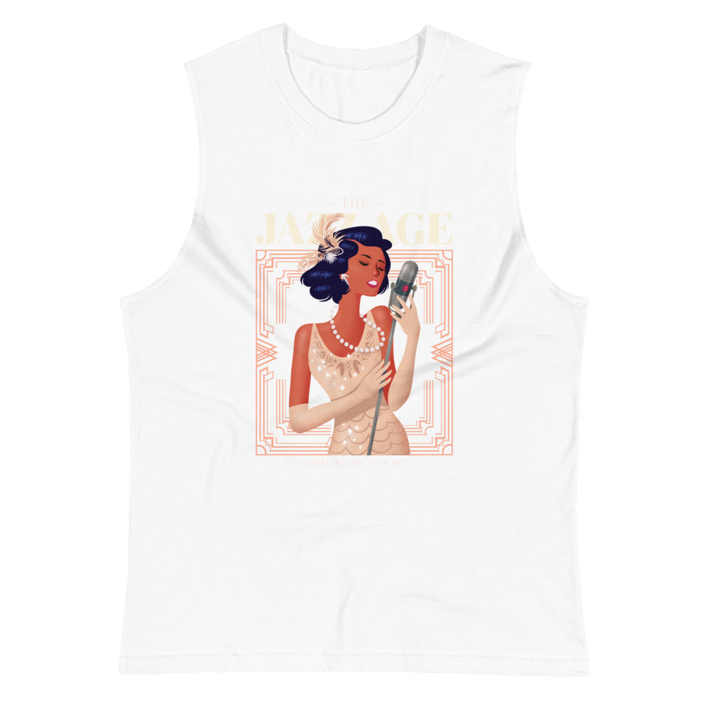 White colored muscle tee, Jazz Age, this soft, sleeveless tank is so comfy. The relaxed fit and low-cut armholes gives it a casual, jazzy look.