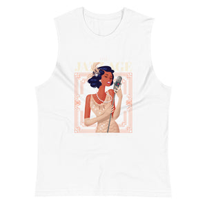 White colored muscle tee, Jazz Age, this soft, sleeveless tank is so comfy. The relaxed fit and low-cut armholes gives it a casual, jazzy look.