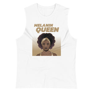 White colored muscle shirt Cheers to the Melanin Queen, this soft, sleeveless tank, wear it everywhere. The relaxed fit and low-cut armholes gives it a casual and fit look.
