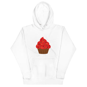 White colored hoodie the softest with a cool design of Cupcake - Red Frosting. Classic piece of apparel with a pouch pocket and warm hood for chilly evenings. 