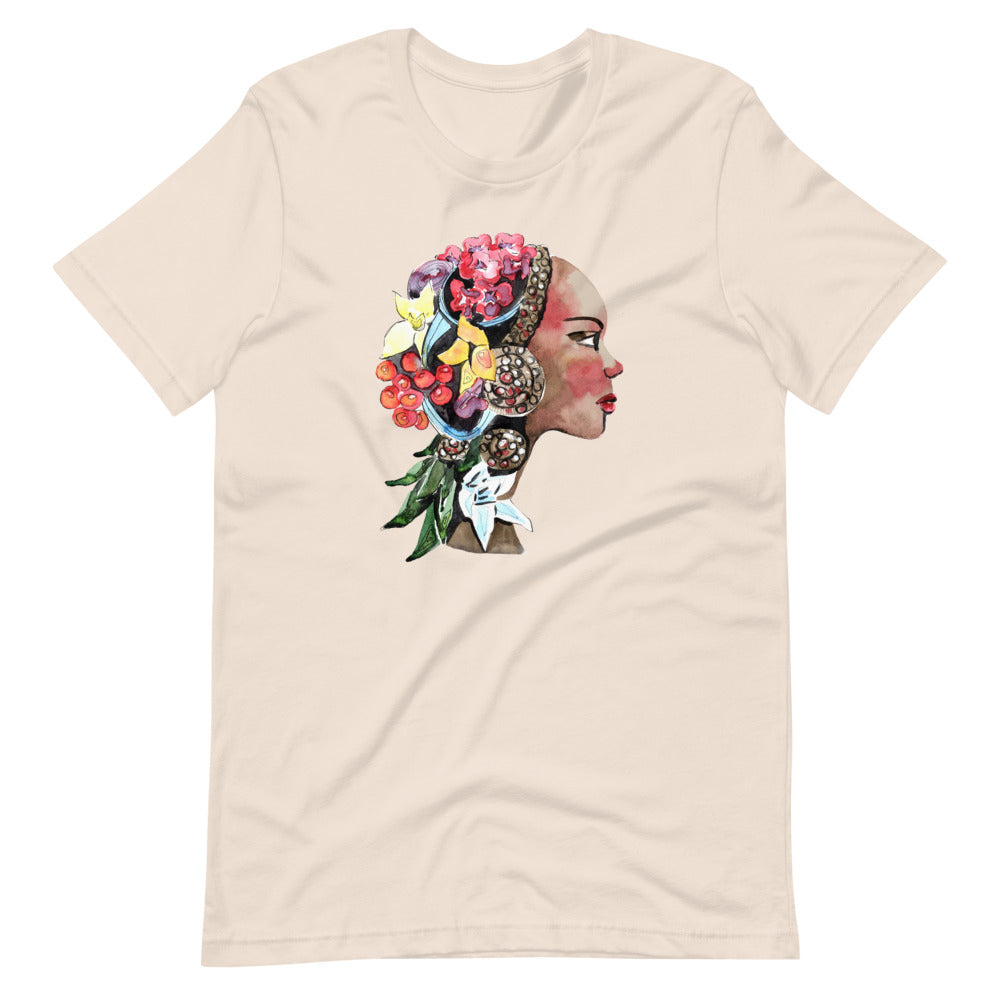 Soft Cream colored tee, The Flower Lady, is confident, determined, natural in every way. This t-shirt is soft lightweight, right amount of stretch. Comfortable and flattering. Beautiful watercolor design with multi colored flowers