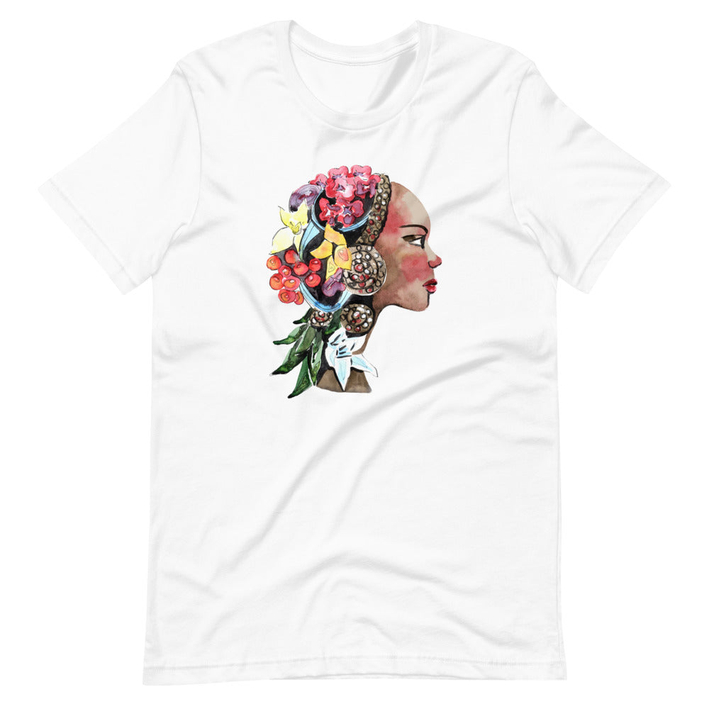 White colored tee, The Flower Lady, is confident, determined, natural in every way. This t-shirt is soft lightweight, right amount of stretch. Comfortable and flattering. Beautiful watercolor design with multi colored flowers