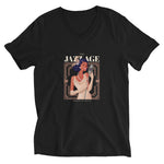 Black colored t shirt, The Jazz Age will have you singing a tune. This unisex tee has a classic v-neck cut and fits like a well-loved favorite.