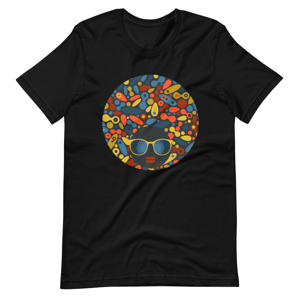 Black color t shirt with colorful design of a black women with geometric shapes and cool glasses "Be Bold"
