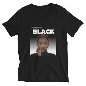 Black colored tee, Unapologetically Black, this unisex tee has a classic v-neck cut and fits like a well-loved favorite, be you wearing this tee any and everywhere, brings your great vibes into the universal. 