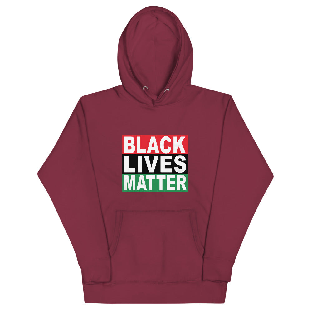 Maroon Black colored soft hoodie with the Black Lives Matter words on the African American flag colors, with a convenient pouch pocket and warm hood for chilly evenings.
