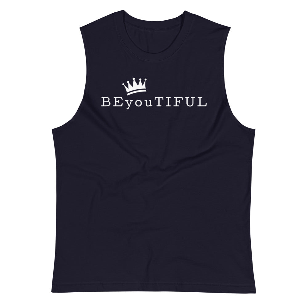 Navy colored muscle shirt. This soft, sleeveless tank is so comfy you're going to want to wear it everywhere, Rock it .The relaxed fit and low-cut armholes gives it a casual, urban look. with white print