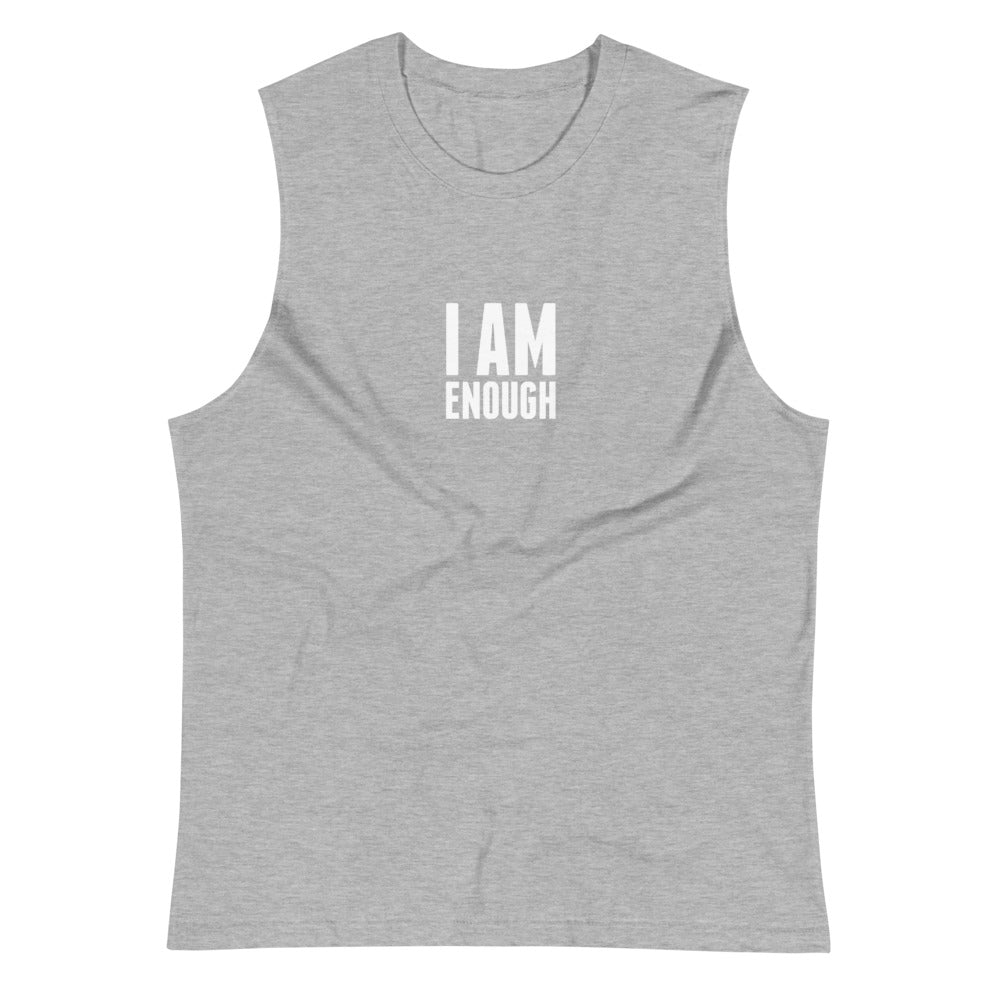 Athletic Heather colored muscle shirt, I Am Enough, this soft, sleeveless tank is so comfy, the relaxed fit and low-cut armholes.