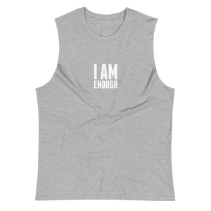 Athletic Heather colored muscle shirt, I Am Enough, this soft, sleeveless tank is so comfy, the relaxed fit and low-cut armholes.