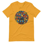 Mustard color t shirt with colorful design of a black women with geometric shapes and cool glasses "Be Bold"
