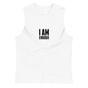 White colored muscle shirt, I Am Enough, this soft, sleeveless tank is so comfy, the relaxed fit and low-cut armholes.