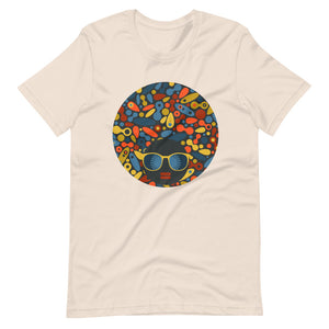 Soft Cream color t shirt with colorful design of a black women with geometric shapes and cool glasses "Be Bold"