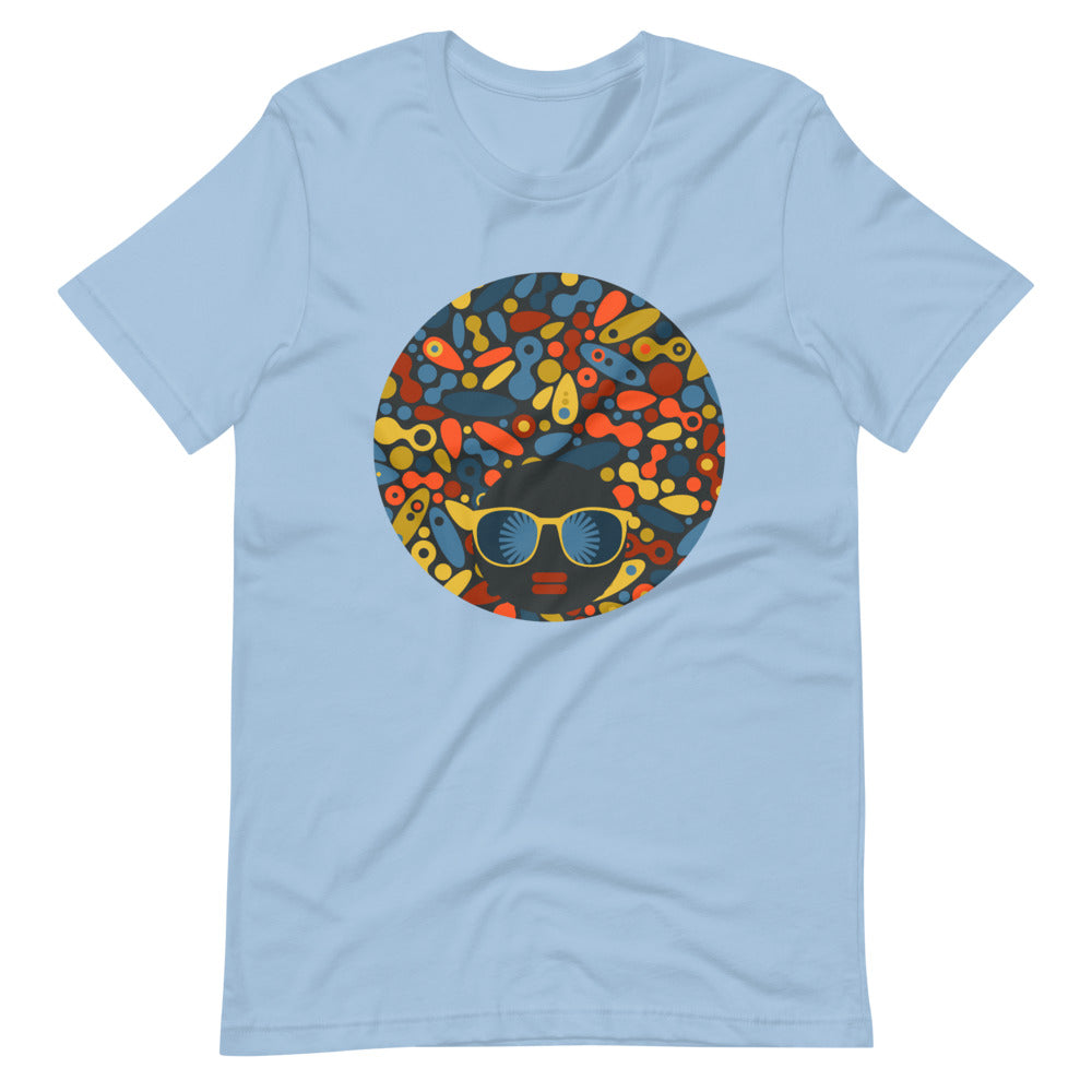 Light Blue color t shirt with colorful design of a black women with geometric shapes and cool glasses "Be Bold"