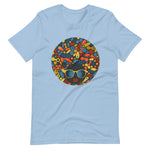 Light Blue color t shirt with colorful design of a black women with geometric shapes and cool glasses "Be Bold"