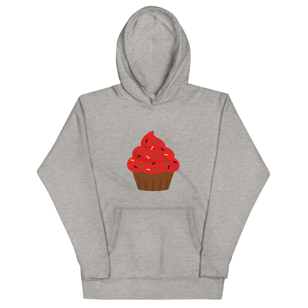 Carbon Grey colored hoodie the softest with a cool design of Cupcake - Red Frosting. Classic piece of apparel with a pouch pocket and warm hood for chilly evenings. 
