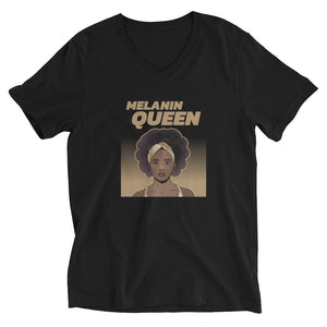 Black colored tee, Cheers to the Melanin Queen, this unisex tee has a classic v-neck cut and fits like a well-loved favorite. 