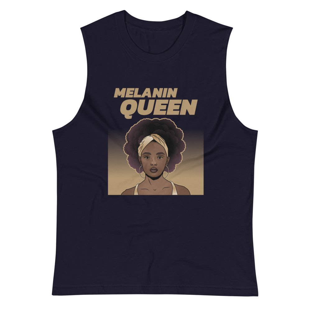Navy colored muscle shirt Cheers to the Melanin Queen, this soft, sleeveless tank, wear it everywhere. The relaxed fit and low-cut armholes gives it a casual and fit look.
