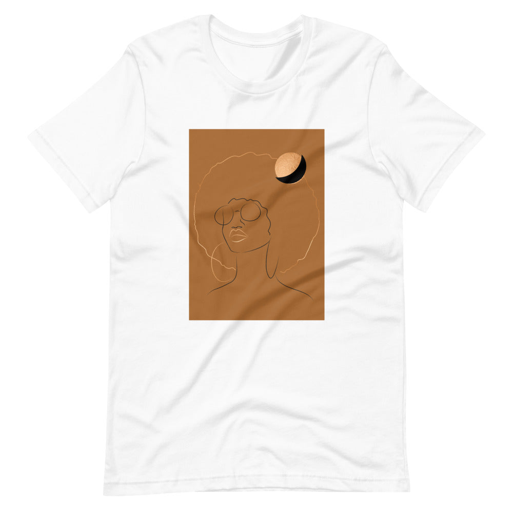 White Colored t-shirt with a gold printed image of a beautiful black women with an afro and a gold moon over her head