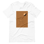White Colored t-shirt with a gold printed image of a beautiful black women with an afro and a gold moon over her head