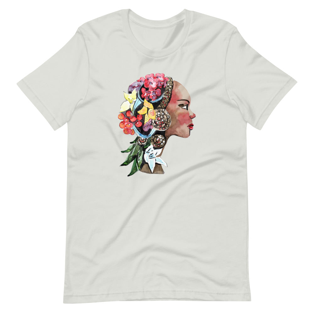 Silver colored tee, The Flower Lady, is confident, determined, natural in every way. This t-shirt is soft lightweight, right amount of stretch. Comfortable and flattering. Beautiful watercolor design with multi colored flowers
