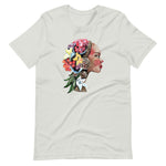 Silver colored tee, The Flower Lady, is confident, determined, natural in every way. This t-shirt is soft lightweight, right amount of stretch. Comfortable and flattering. Beautiful watercolor design with multi colored flowers