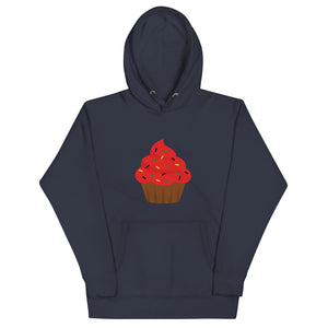Navy Blazer colored hoodie the softest with a cool design of Cupcake - Red Frosting. Classic piece of apparel with a pouch pocket and warm hood for chilly evenings. 