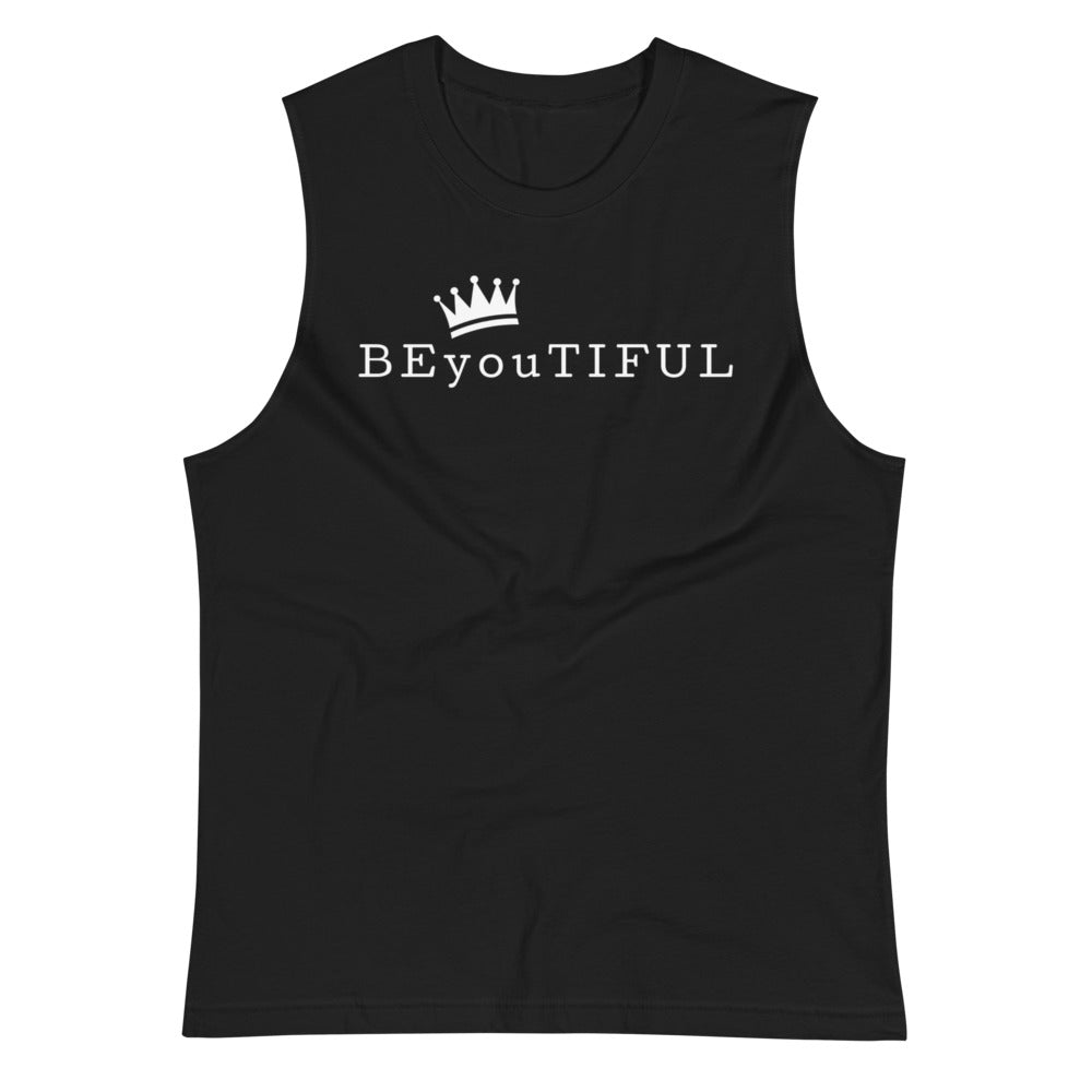 Black colored muscle shirt. This soft, sleeveless tank is so comfy you're going to want to wear it everywhere, Rock it .The relaxed fit and low-cut armholes gives it a casual, urban look. with white print