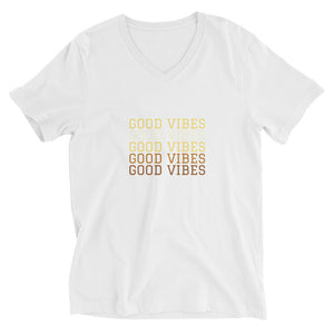 White colored tee, We need Good Vibes, this unisex tee has a classic v-neck cut and fits like a well-loved favorite. Speaks a message of Good Vibes.