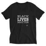 Black colored Black Lives Matter unisex tee has a classic v-neck cut and fits like a well-loved favorite. 