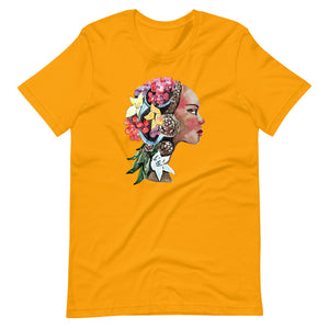 Gold colored tee, The Flower Lady, is confident, determined, natural in every way. This t-shirt is soft lightweight, right amount of stretch. Comfortable and flattering. Beautiful watercolor design with multi colored flowers