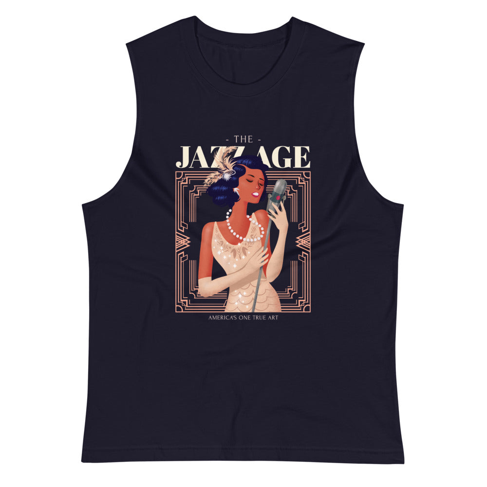Navy colored muscle tee, Jazz Age, this soft, sleeveless tank is so comfy. The relaxed fit and low-cut armholes gives it a casual, jazzy look.