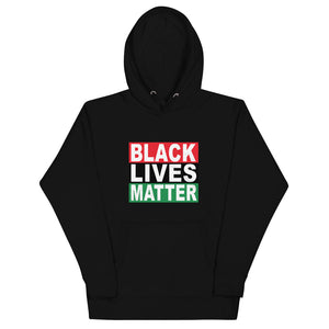 Black colored soft hoodie with the Black Lives Matter words on the African American flag colors, with a convenient pouch pocket and warm hood for chilly evenings.