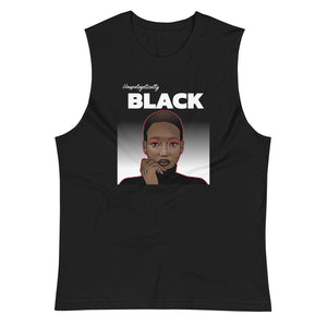 Black colored muscle shirt, Unapologetically Black, this soft, sleeveless tank is so comfy, be you wear this tank everywhere. The relaxed fit and low-cut armholes brings your great vibes into the universal.