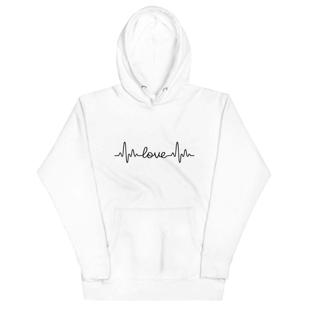 White colored hoodie. Who knew that the softest hoodie you'll ever own comes with such a cool Love beat design with a pouch pocket and warm hood. 