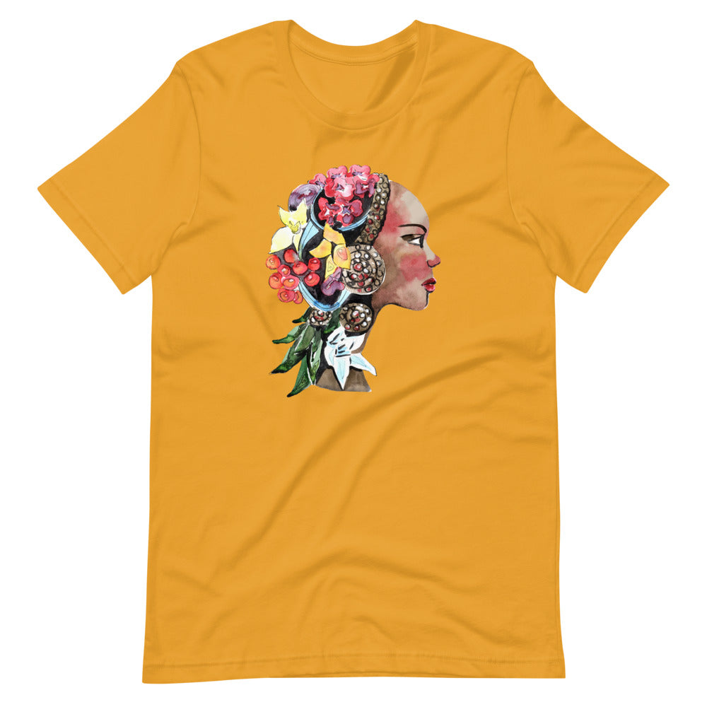 Mustard colored tee, The Flower Lady, is confident, determined, natural in every way. This t-shirt is soft lightweight, right amount of stretch. Comfortable and flattering. Beautiful watercolor design with multi colored flowers