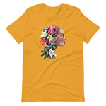 Mustard colored tee, The Flower Lady, is confident, determined, natural in every way. This t-shirt is soft lightweight, right amount of stretch. Comfortable and flattering. Beautiful watercolor design with multi colored flowers
