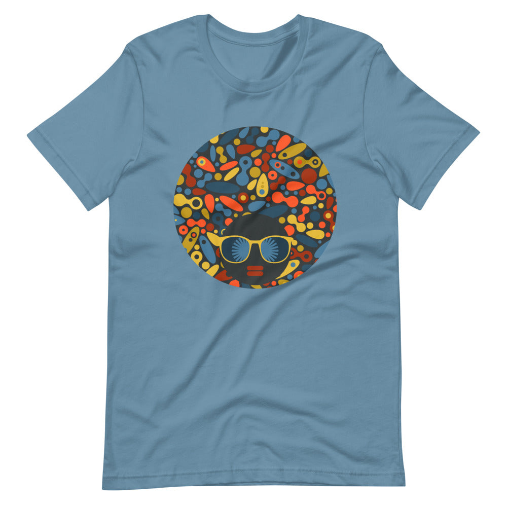 Steel  Blue color t shirt with colorful design of a black women  with geometric shapes and cool glasses "Be Bold"