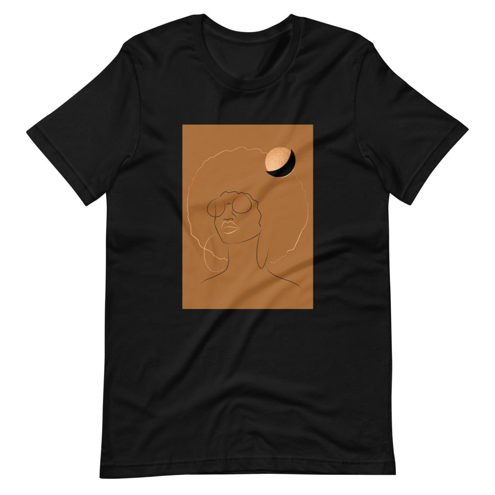 Black Colored t-shirt with a gold printed image  of a beautiful black women with an afro and a gold moon over her head
