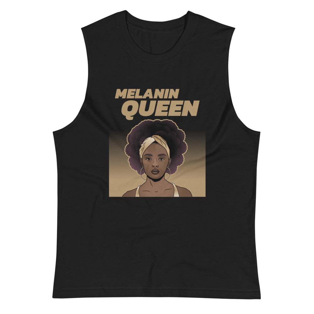 Black colored muscle shirt Cheers to the Melanin Queen, this soft, sleeveless tank, wear it everywhere. The relaxed fit and low-cut armholes gives it a casual and fit look.
