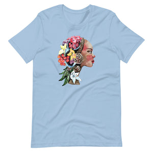 Light Blue colored tee, The Flower Lady, is confident, determined, natural in every way. This t-shirt is soft lightweight, right amount of stretch. Comfortable and flattering. Beautiful watercolor design with multi colored flowers