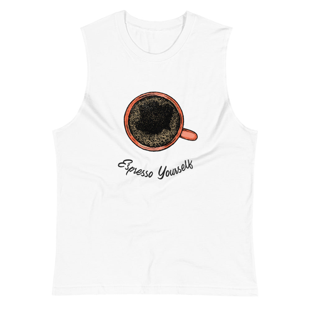 White colored muscle shirt. Espresso Yourself in this soft, sleeveless tank, you're going to want to wear it everywhere.Relaxed fit and low-cut armholes.