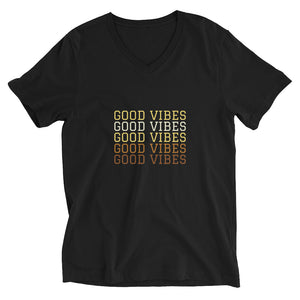 Black colored tee, We need Good Vibes, this unisex tee has a classic v-neck cut and fits like a well-loved favorite. Speaks a message of Good Vibes.