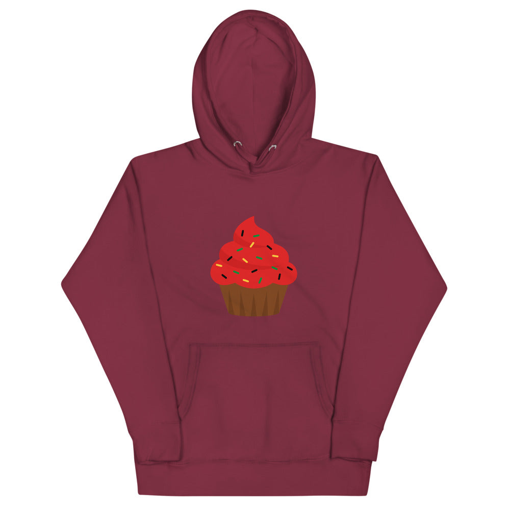 Maroon colored hoodie the softest with a cool design of Cupcake - Red Frosting. Classic piece of apparel with a pouch pocket and warm hood for chilly evenings. 