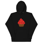 Black colored hoodie the softest with a cool design of Cupcake - Red Frosting. Classic piece of apparel with a pouch pocket and warm hood for chilly evenings. 
