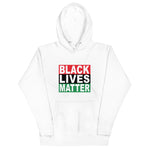 White Black colored soft hoodie with the Black Lives Matter words on the African American flag colors, with a convenient pouch pocket and warm hood for chilly evenings.