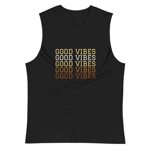 Black colored muscle shirt, We need Good Vibes, this soft, sleeveless tank is so comfy, with a relaxed fit and low-cut armholes. Speaking the message of Good Vibes.