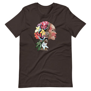 Brown colored tee, The Flower Lady, is confident, determined, natural in every way. This t-shirt is soft lightweight, right amount of stretch. Comfortable and flattering. Beautiful watercolor design with multi colored flowers