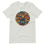 Siliver color t shirt with colorful design of a black women with geometric shapes and cool glasses "Be Bold"