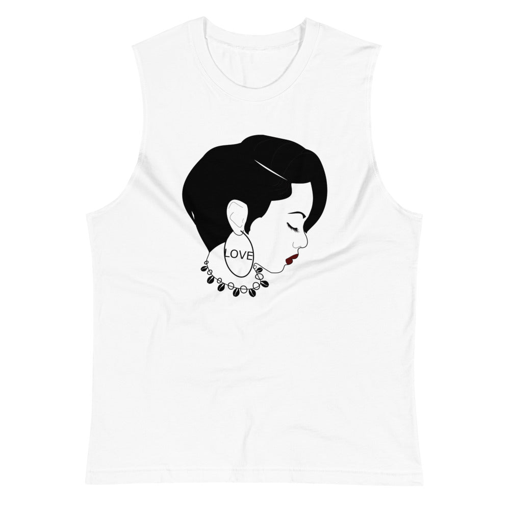 White colored muscle shirt Black Girl Love is about celebrating ones love for self and crowning the world with your presence. Soft, sleeveless tank, with a relaxed fit and low-cut armholes. 